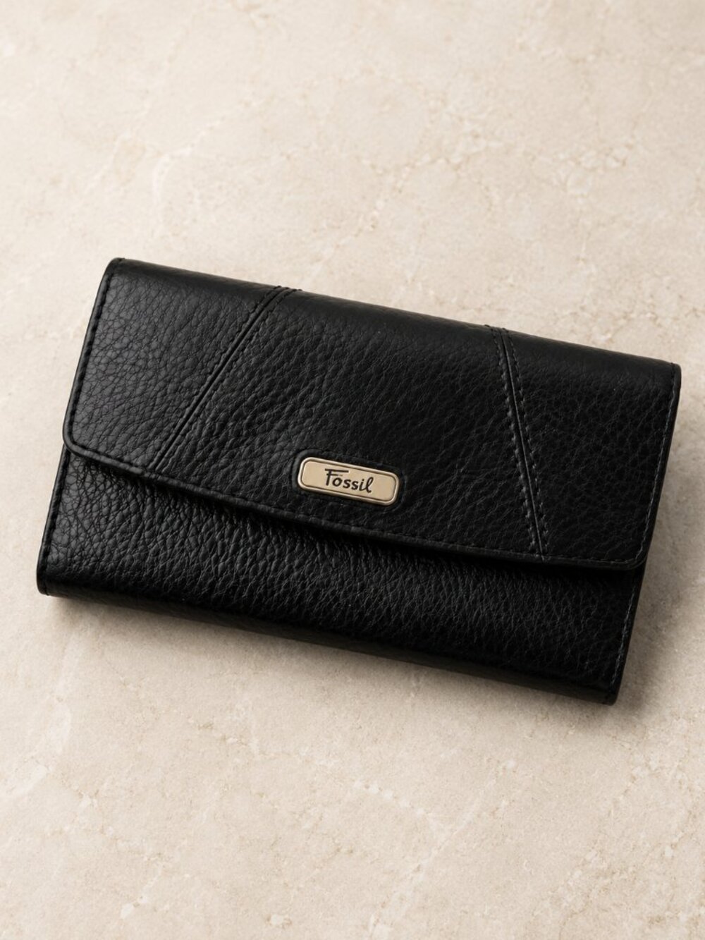 Fossil Black Leather Tri-Fold Organizer Wallet Checkbook Clutch